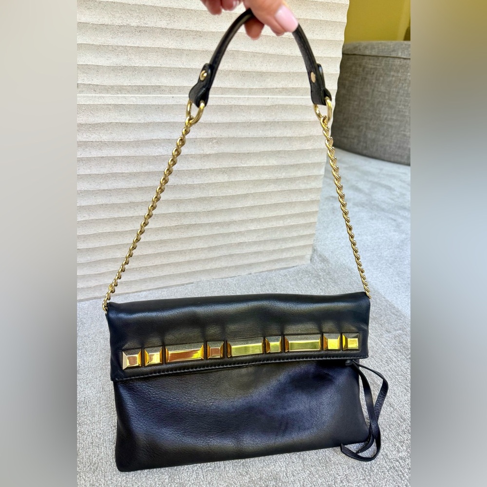 Vince Camuto Black  Leather Shoulder Bag with Gold Details